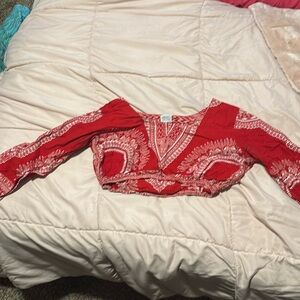 Red Long Sleeve pattern crop top